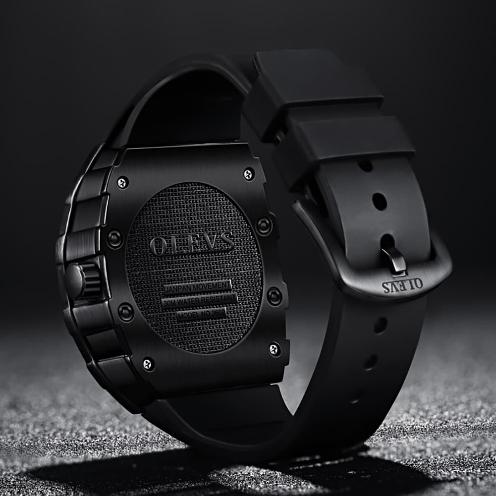 OLEVS 3602 Tonneau Skeleton Quartz Watch for Men - All Black Watch | Olevs Watch Store