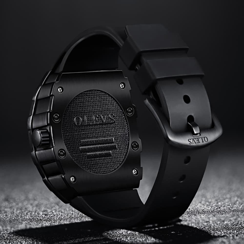 OLEVS 3602 Tonneau Skeleton Quartz Watch for Men - All Black Watch | Olevs Watch Store