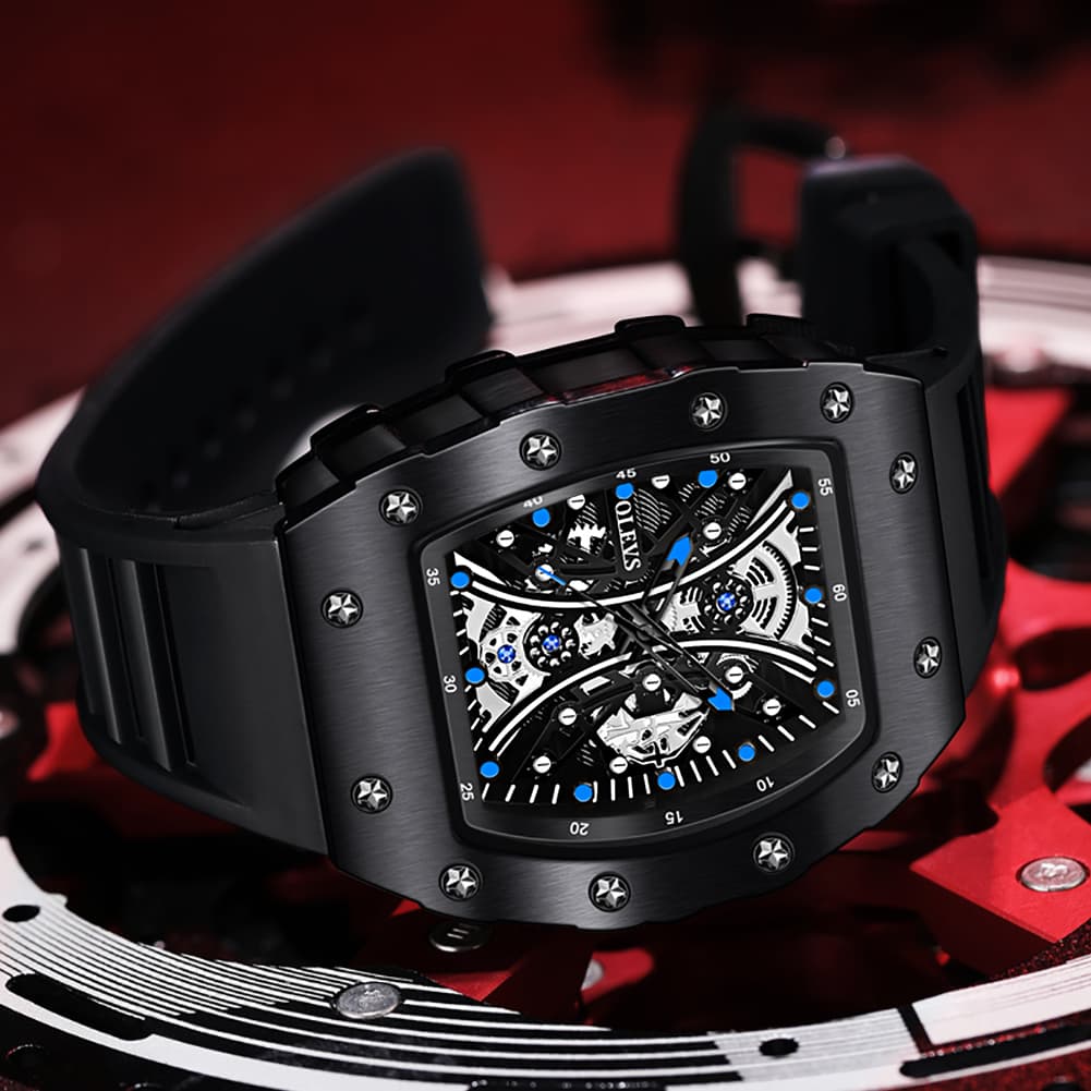 OLEVS 3602 Tonneau Skeleton Quartz Watch for Men - All Black Watch | Olevs Watch Store