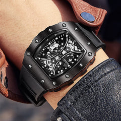 OLEVS 3602 Tonneau Skeleton Quartz Watch for Men - All Black Watch | Olevs Watch Store