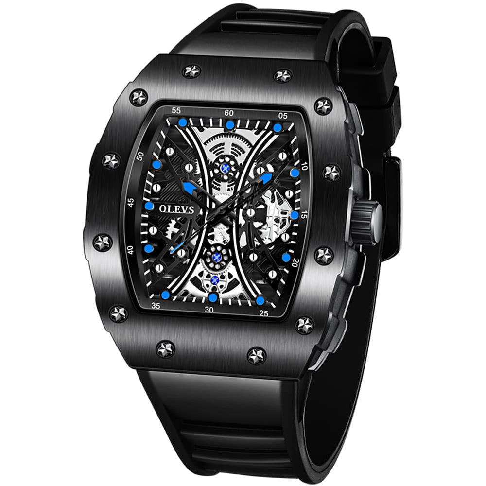OLEVS 3602 Tonneau Skeleton Quartz Watch for Men - Black Blue Watch | Olevs Watch Store