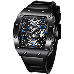 OLEVS 3602 Tonneau Skeleton Quartz Watch for Men - Black Blue Watch | Olevs Watch Store