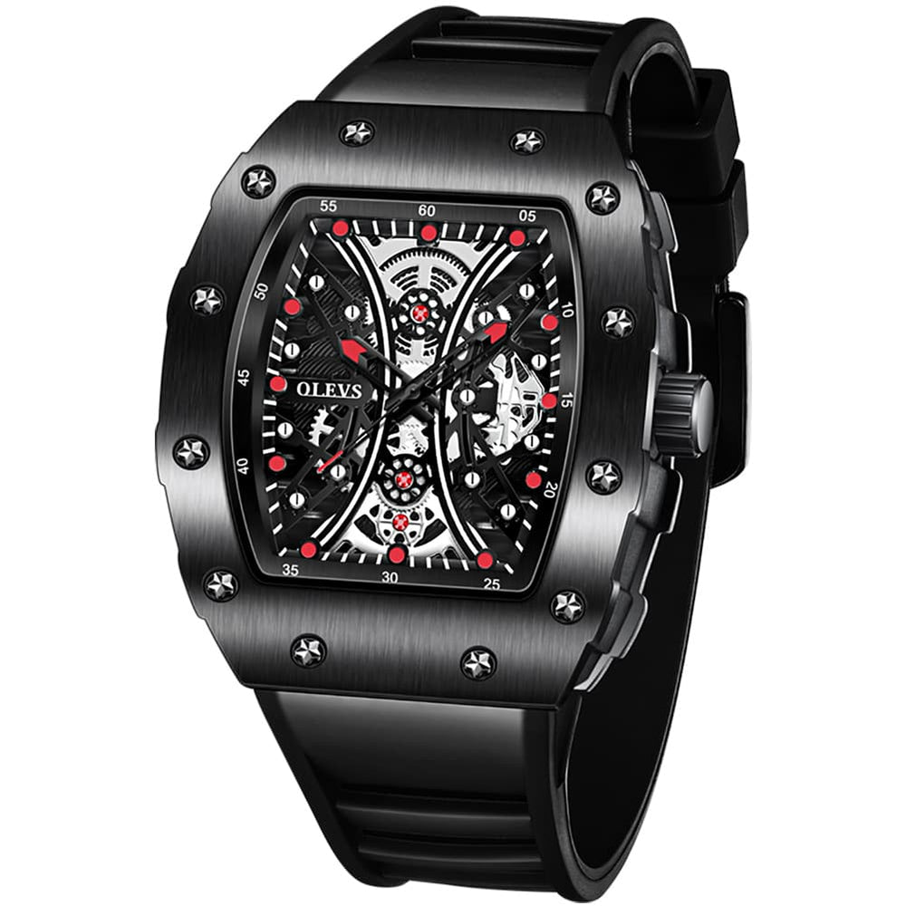 OLEVS 3602 Tonneau Skeleton Quartz Watch for Men - Black Red Watch | Olevs Watch Store