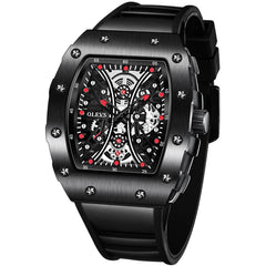 OLEVS 3602 Tonneau Skeleton Quartz Watch for Men - Black Red Watch | Olevs Watch Store