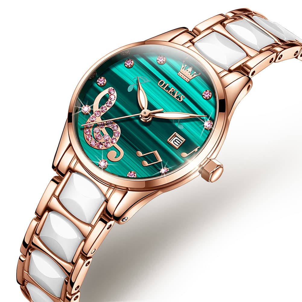 OLEVS 3605 Ceramic Musical Note Quartz Watch for Women - Elegant Green Watch | Olevs Watch Store