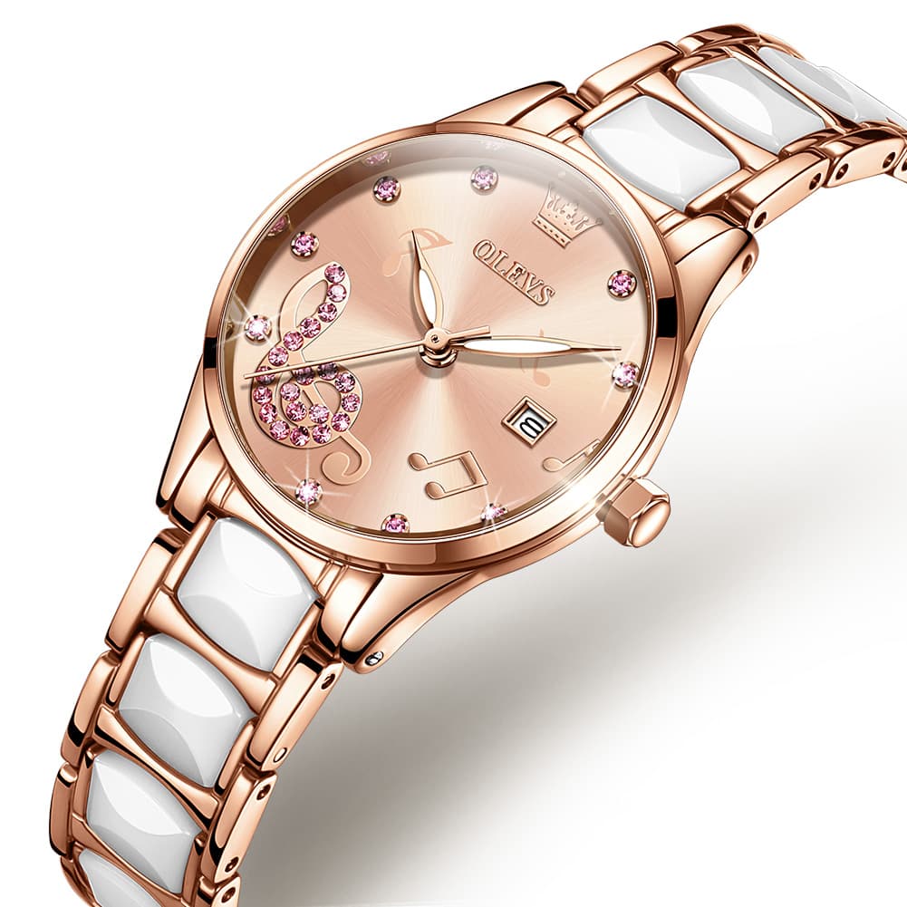 OLEVS 3605 Ceramic Musical Note Quartz Watch for Women - Rose Pink Watch | Olevs Watch Store