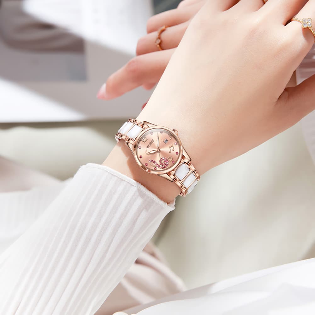 OLEVS 3605 Ceramic Musical Note Quartz Watch for Women - Rose Pink Watch | Olevs Watch Store