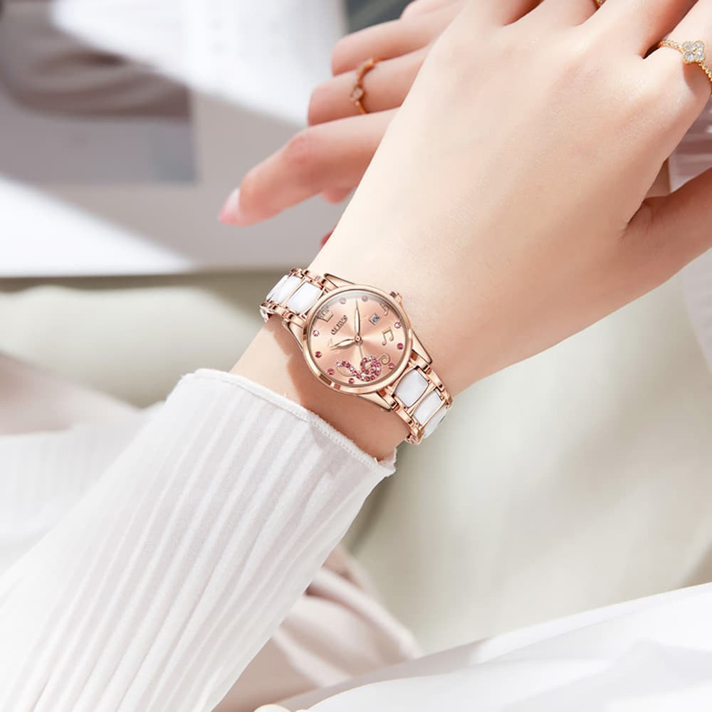 OLEVS 3605 Ceramic Musical Note Quartz Watch for Women - Rose Pink Watch | Olevs Watch Store