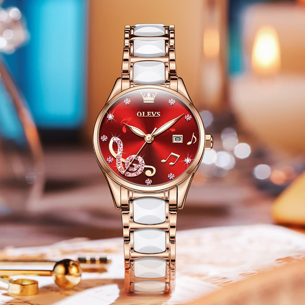 OLEVS 3605 Ceramic Musical Note Quartz Watch for Women - Rose Pink Watch | Olevs Watch Store