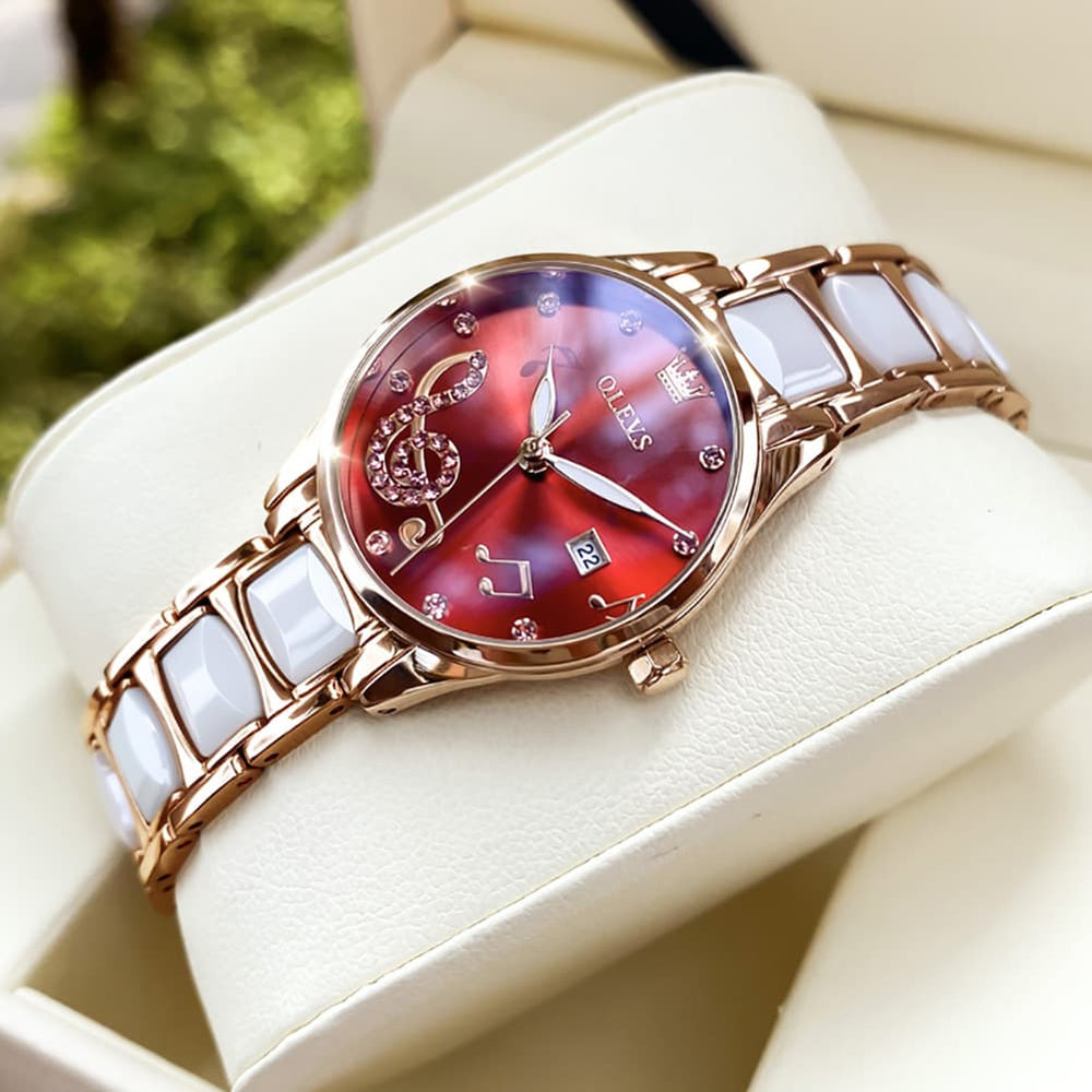 OLEVS 3605 Ceramic Musical Note Quartz Watch for Women - Rose Pink Watch | Olevs Watch Store