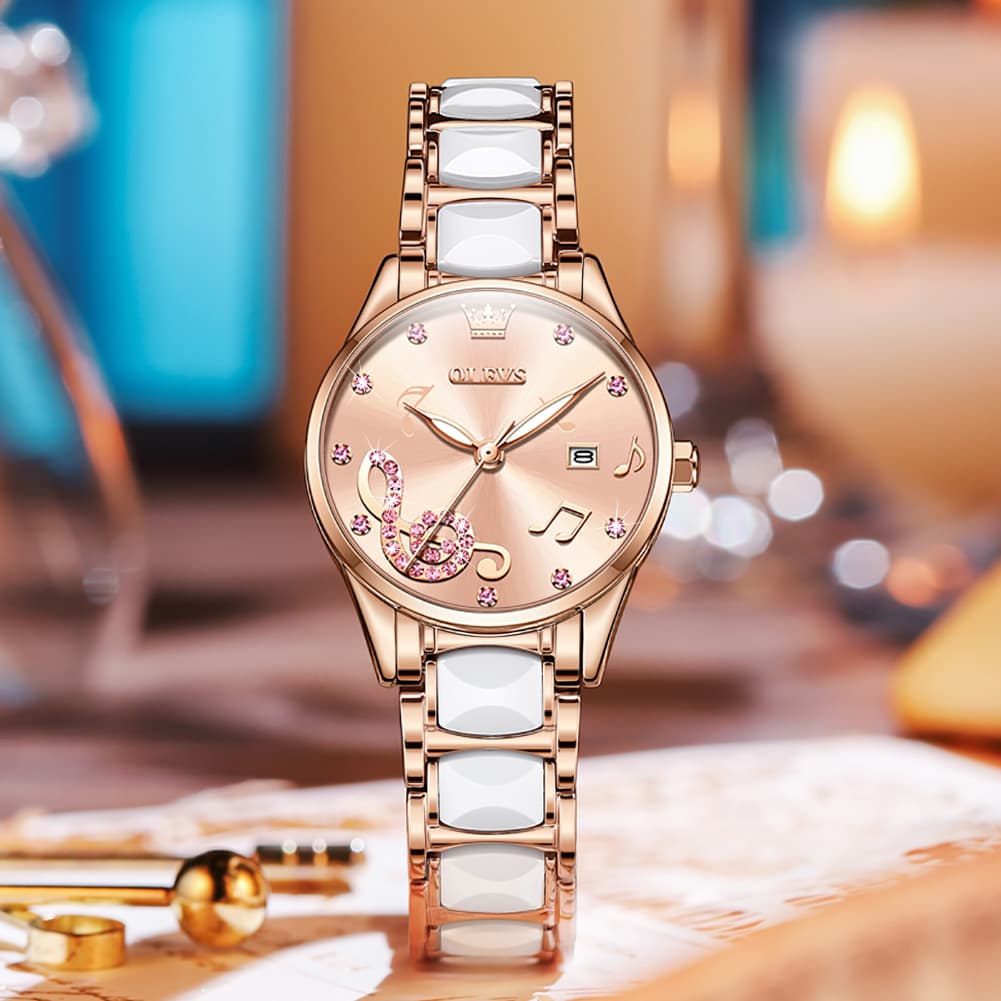 OLEVS 3605 Ceramic Musical Note Quartz Watch for Women - Rose Pink Watch | Olevs Watch Store