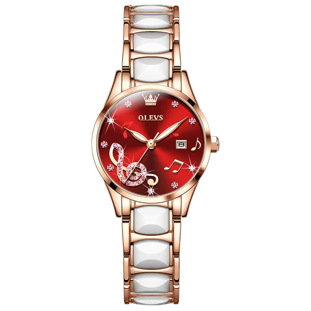 OLEVS 3605 Ceramic Musical Note Quartz Watch for Women - Rose Pink Watch | Olevs Watch Store