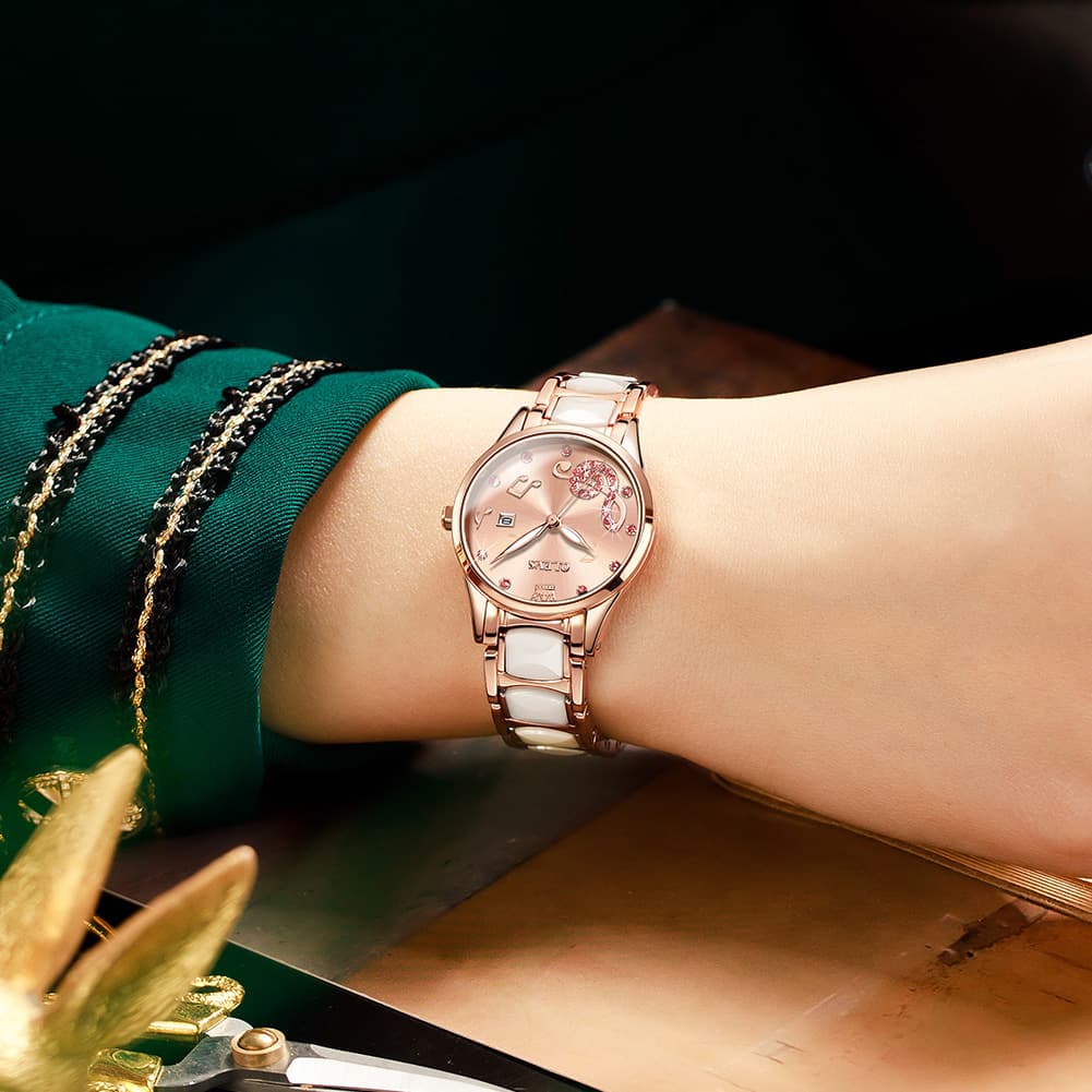OLEVS 3605 Ceramic Musical Note Quartz Watch for Women - Rose Pink Watch | Olevs Watch Store