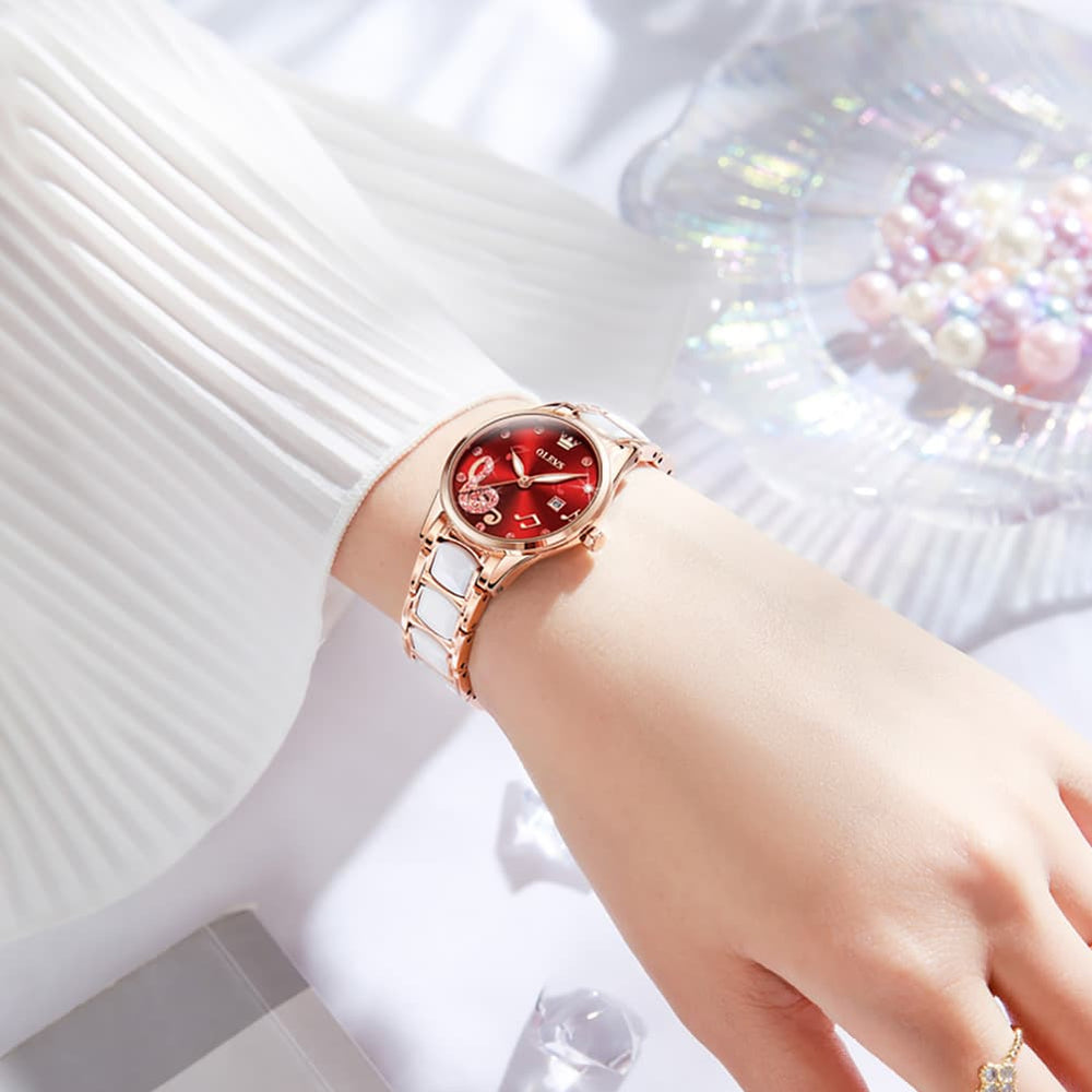 OLEVS 3605 Ceramic Musical Note Quartz Watch for Women - Rose Pink Watch | Olevs Watch Store