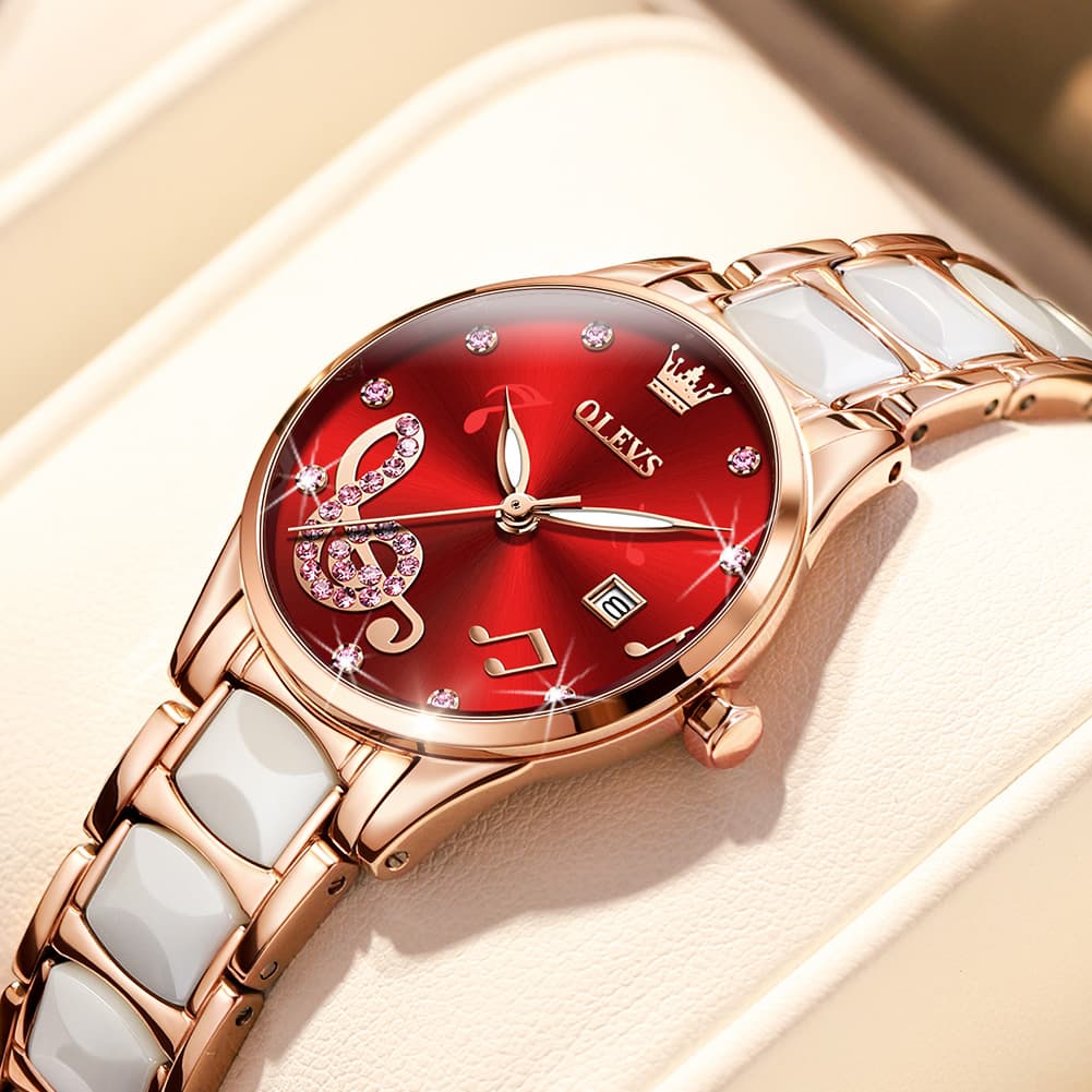 OLEVS 3605 Ceramic Musical Note Quartz Watch for Women - Rose Pink Watch | Olevs Watch Store