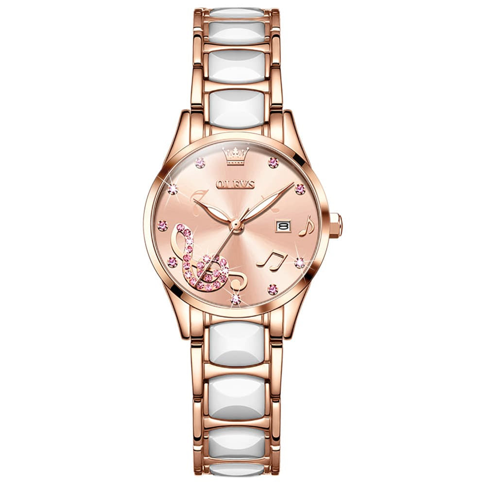 OLEVS 3605 Ceramic Musical Note Quartz Watch for Women - Rose Pink Watch | Olevs Watch Store