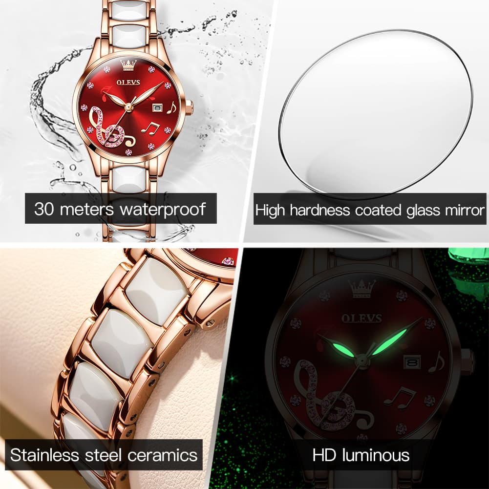 OLEVS 3605 Ceramic Musical Note Quartz Watch for Women - Rose Pink Watch | Olevs Watch Store