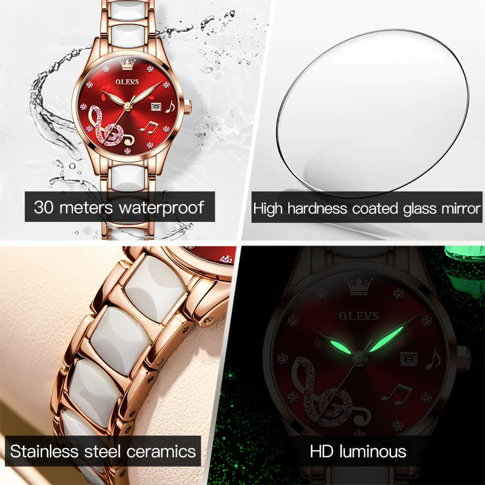 OLEVS 3605 Ceramic Musical Note Quartz Watch for Women - Rose Pink Watch | Olevs Watch Store