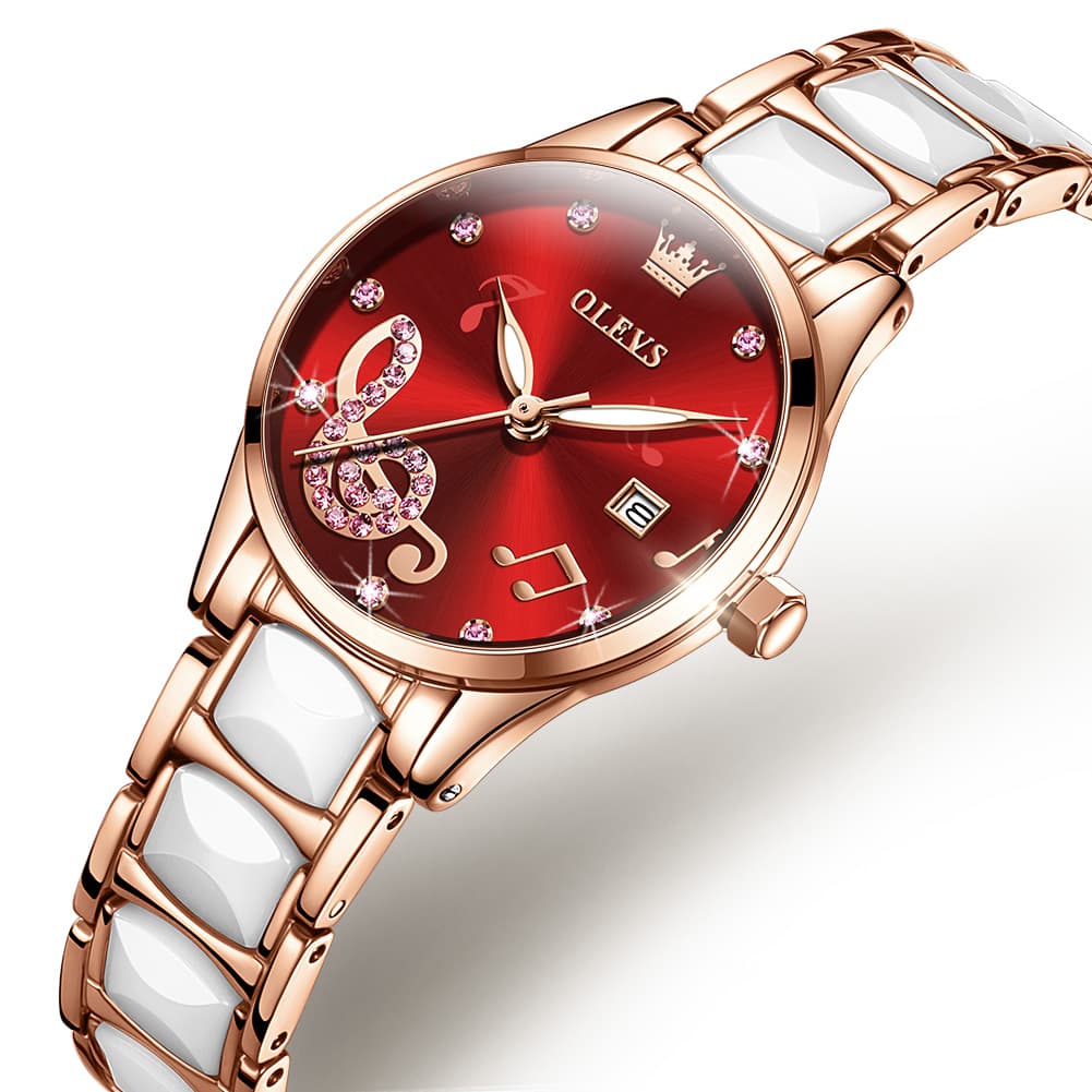 OLEVS 3605 Ceramic Musical Note Quartz Watch for Women - Ruby Red Watch | Olevs Watch Store
