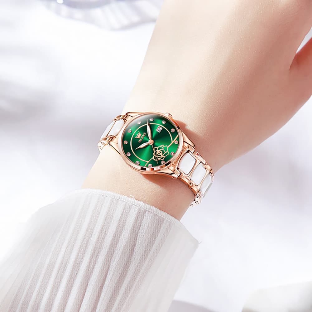 OLEVS 3606 Ceramic Rose Motif Quartz Watch for Women - Emerald Green Watch | Olevs Watch Store