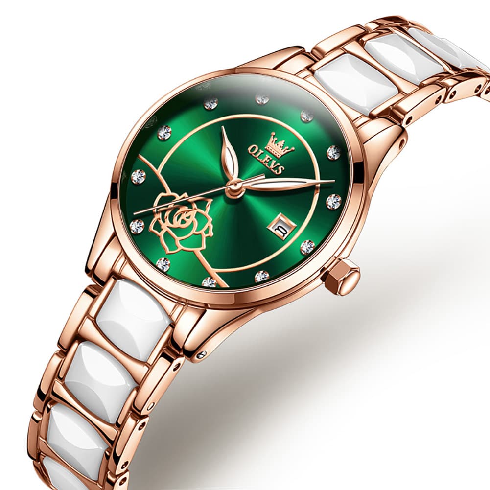 OLEVS 3606 Ceramic Rose Motif Quartz Watch for Women - Emerald Green Watch | Olevs Watch Store