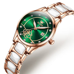 OLEVS 3606 Ceramic Rose Motif Quartz Watch for Women - Emerald Green Watch | Olevs Watch Store