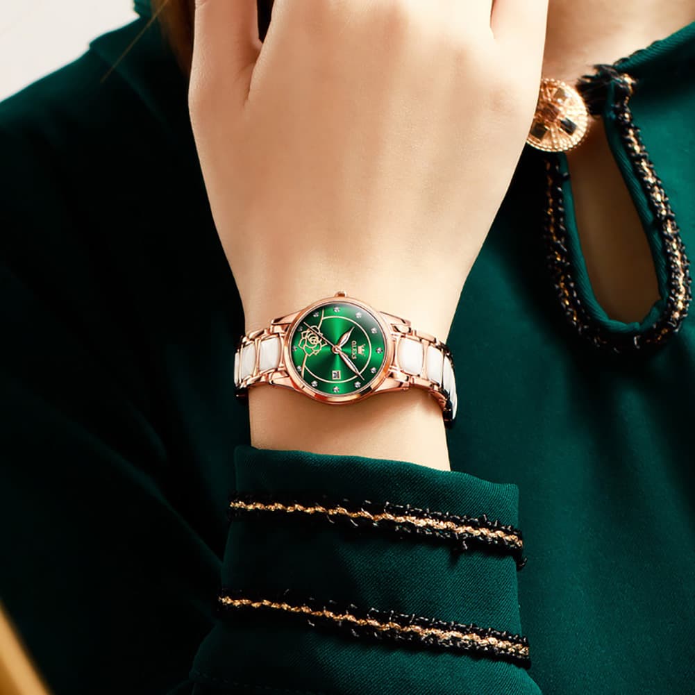 OLEVS 3606 Ceramic Rose Motif Quartz Watch for Women - Emerald Green Watch | Olevs Watch Store