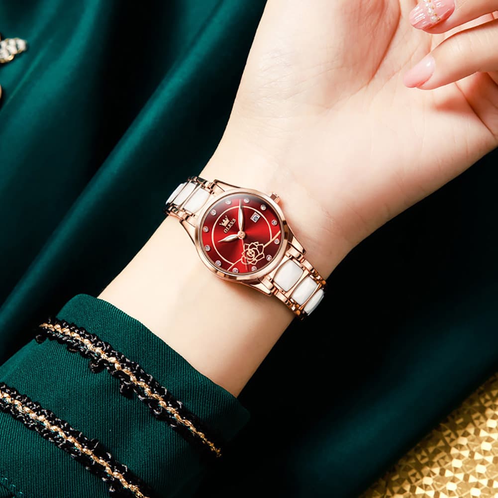 OLEVS 3606 Ceramic Rose Motif Quartz Watch for Women - Emerald Green Watch | Olevs Watch Store