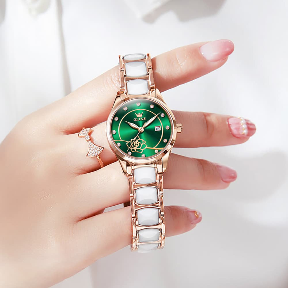 OLEVS 3606 Ceramic Rose Motif Quartz Watch for Women - Emerald Green Watch | Olevs Watch Store