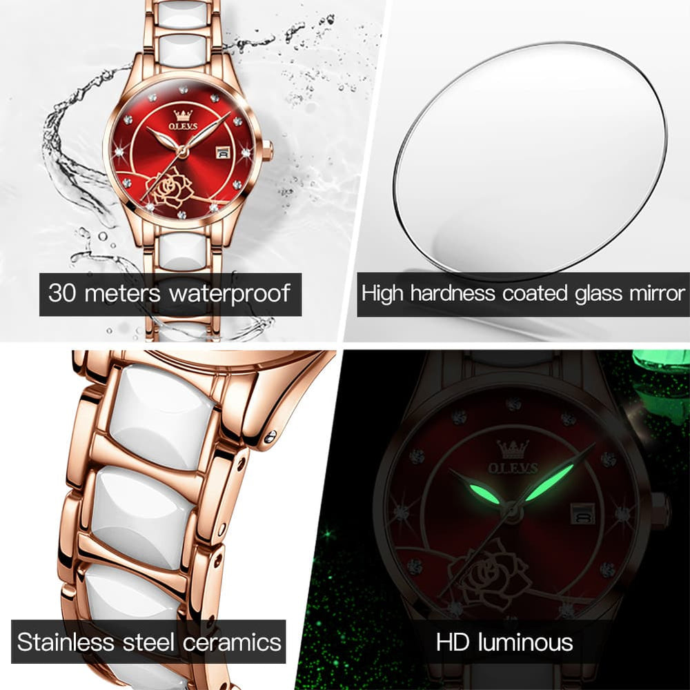 OLEVS 3606 Ceramic Rose Motif Quartz Watch for Women - Emerald Green Watch | Olevs Watch Store