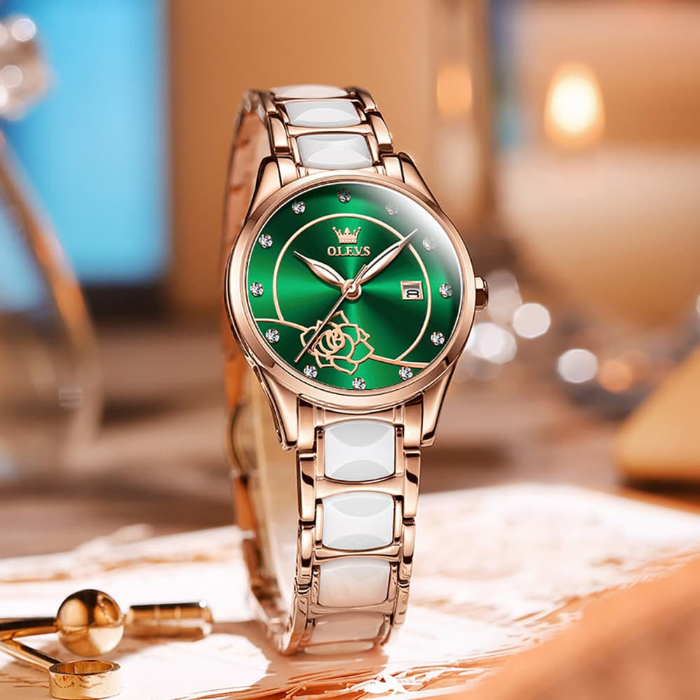 OLEVS 3606 Ceramic Rose Motif Quartz Watch for Women - Emerald Green Watch | Olevs Watch Store