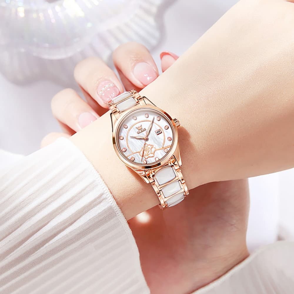 OLEVS 3606 Ceramic Rose Motif Quartz Watch for Women - Emerald Green Watch | Olevs Watch Store