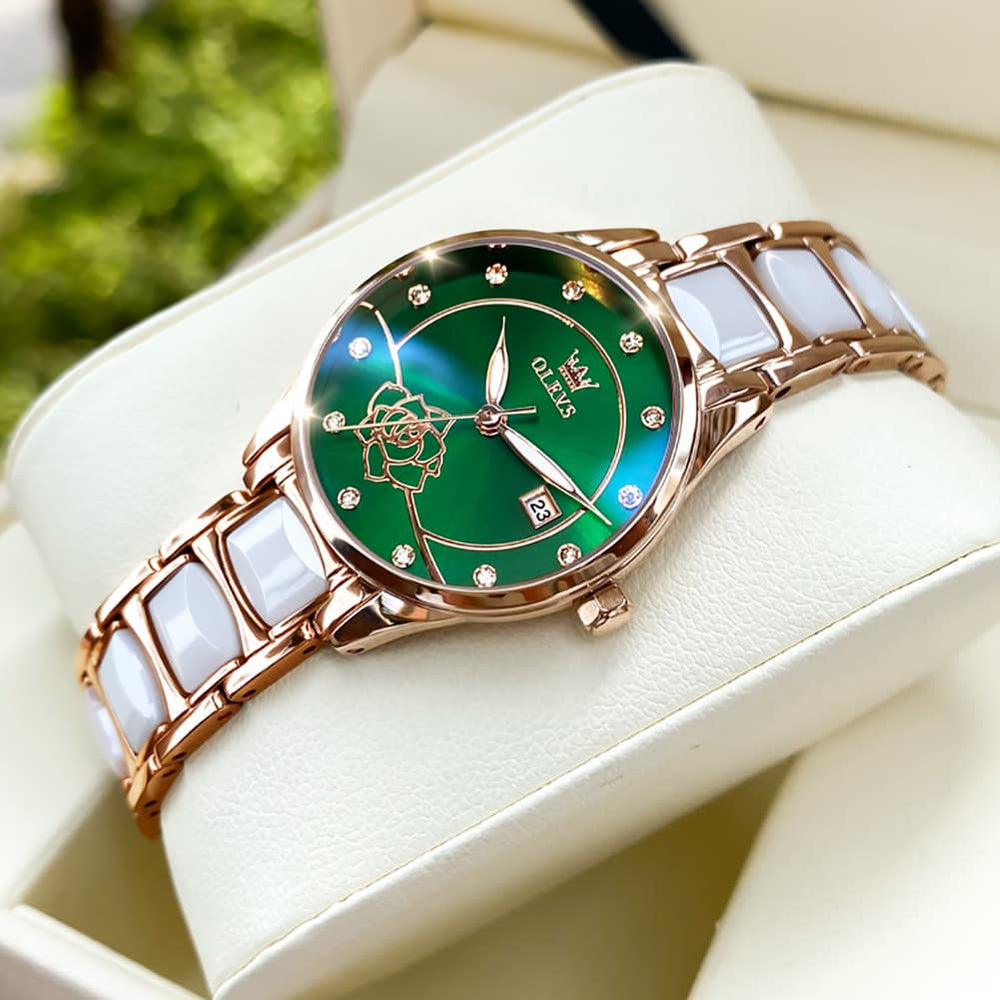 OLEVS 3606 Ceramic Rose Motif Quartz Watch for Women - Emerald Green Watch | Olevs Watch Store