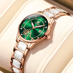OLEVS 3606 Ceramic Rose Motif Quartz Watch for Women - Emerald Green Watch | Olevs Watch Store