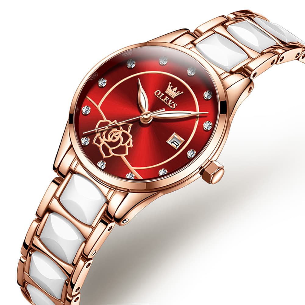 OLEVS 3606 Ceramic Rose Motif Quartz Watch for Women - Ruby Red Watch | Olevs Watch Store