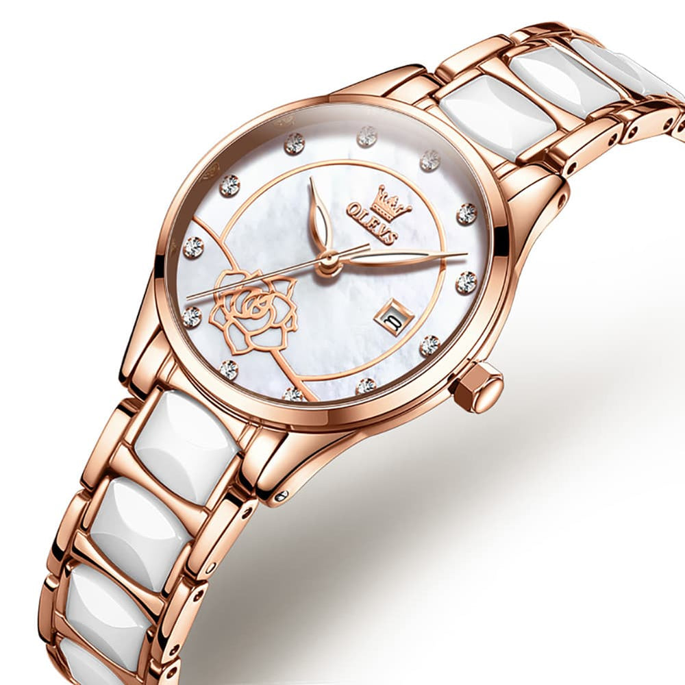 OLEVS 3606 Ceramic Rose Motif Quartz Watch for Women - Pearl White Watch | Olevs Watch Store