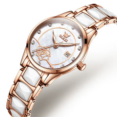 OLEVS 3606 Ceramic Rose Motif Quartz Watch for Women - Pearl White Watch | Olevs Watch Store