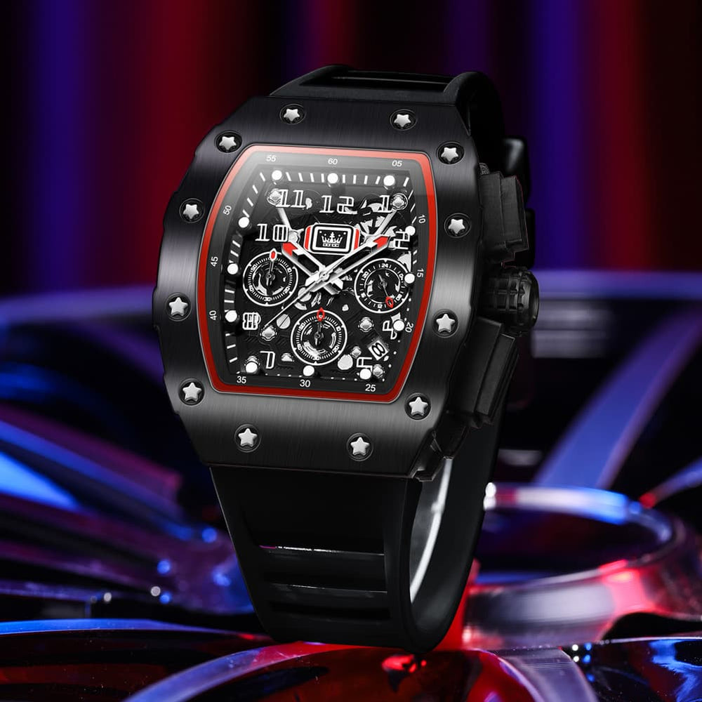 OLEVS 3608 Tonneau Sports Quartz Watch for Men - Cool Black Watch | Olevs Watch Store