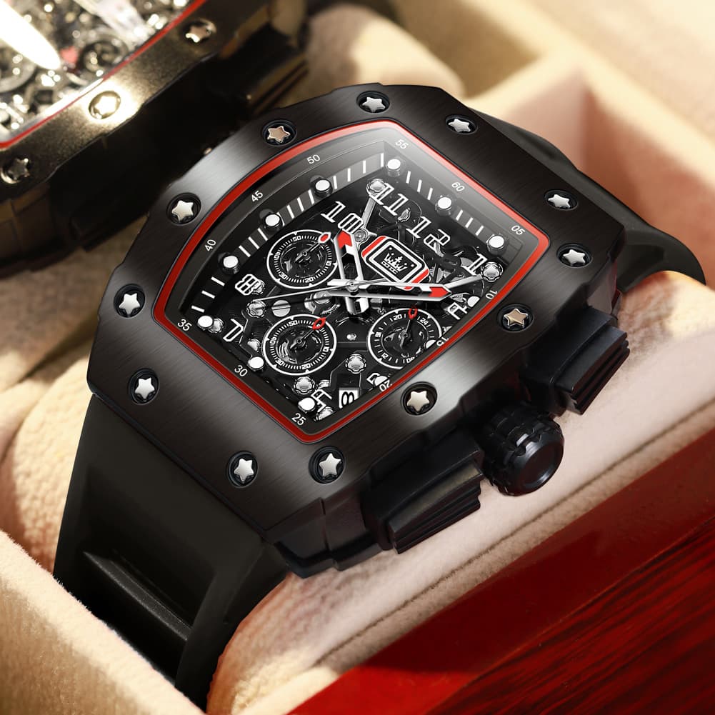OLEVS 3608 Tonneau Sports Quartz Watch for Men - Cool Black Watch | Olevs Watch Store