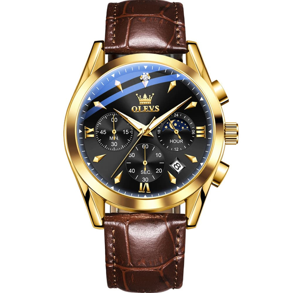 OLEVS 3609 Multifunction Leather Quartz Watch for Men - Gold Black Watch | Olevs Watch Store