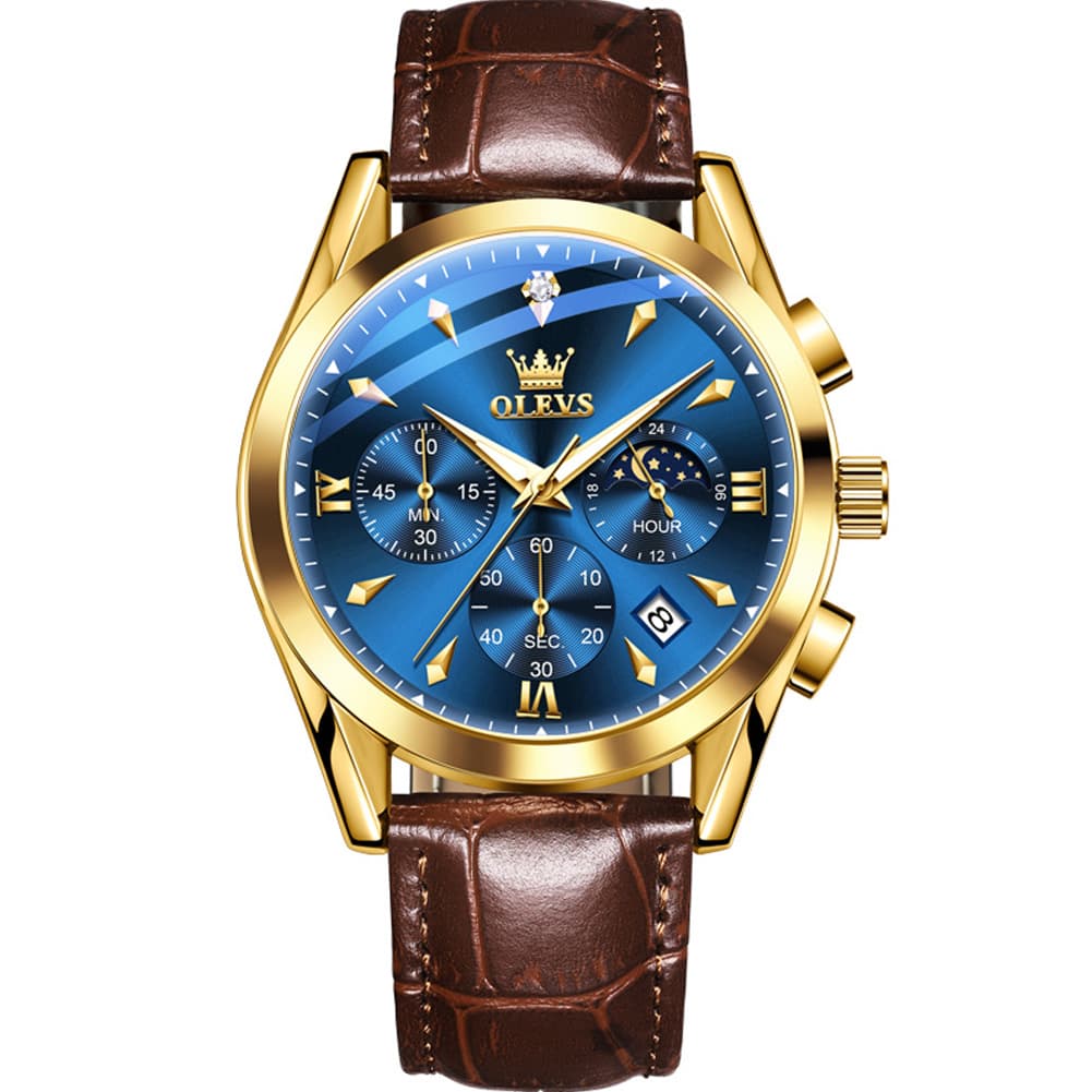 OLEVS 3609 Multifunction Leather Quartz Watch for Men - Gold Blue Watch | Olevs Watch Store