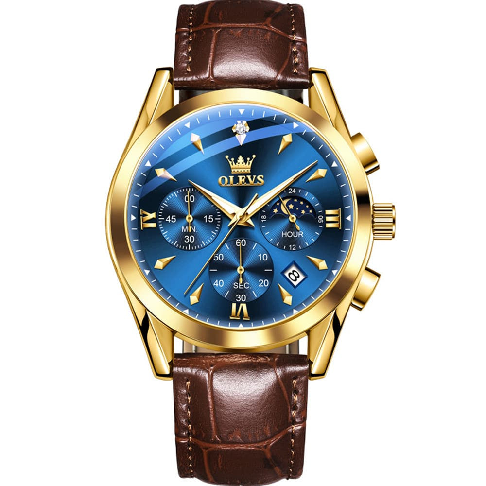 OLEVS 3609 Multifunction Leather Quartz Watch for Men - Gold Blue Watch | Olevs Watch Store