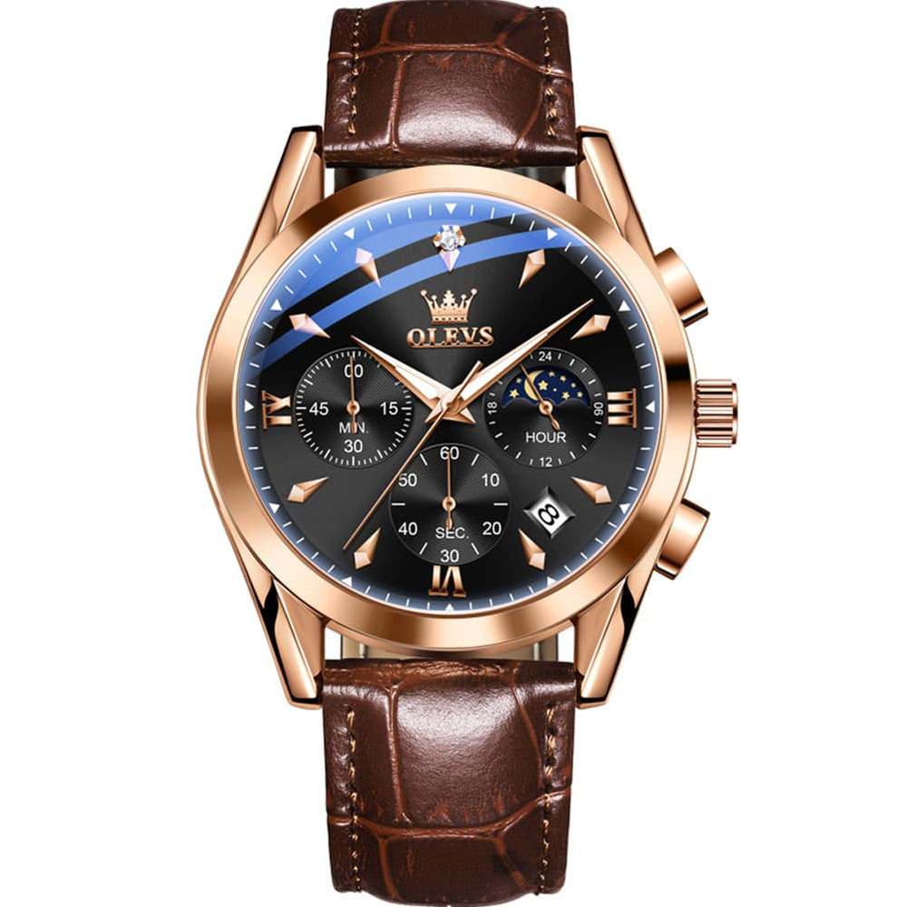 OLEVS 3609 Multifunction Leather Quartz Watch for Men - Rose Black Watch | Olevs Watch Store