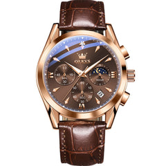 OLEVS 3609 Multifunction Leather Quartz Watch for Men - Rose Brown Watch | Olevs Watch Store