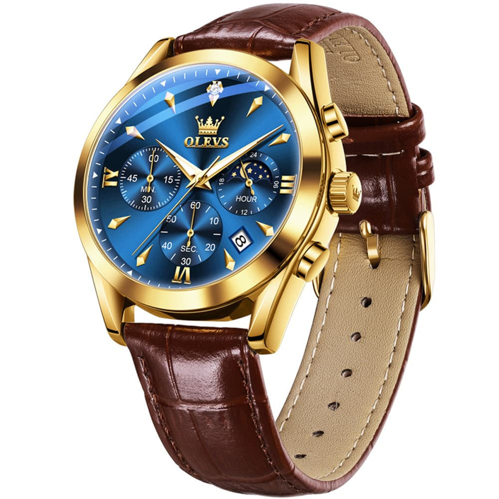 OLEVS 3609 Multifunction Leather Quartz Watch for Men - Rose White Watch | Olevs Watch Store