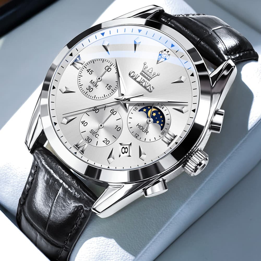 OLEVS 3609 Multifunction Leather Quartz Watch for Men - Rose White Watch | Olevs Watch Store