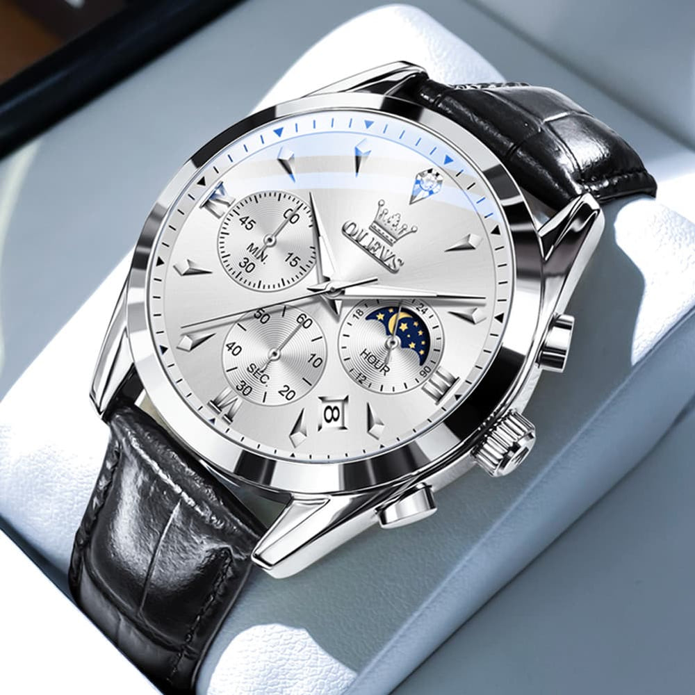 OLEVS 3609 Multifunction Leather Quartz Watch for Men - Rose White Watch | Olevs Watch Store