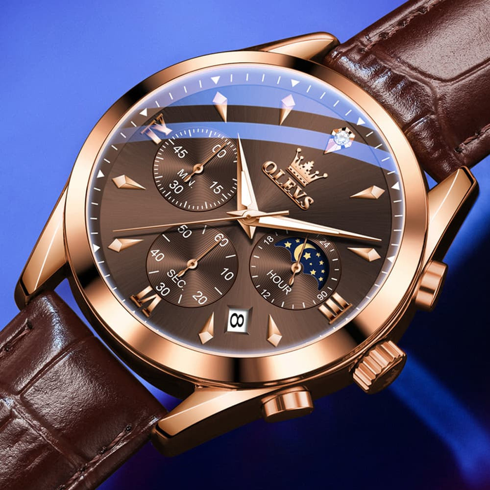 OLEVS 3609 Multifunction Leather Quartz Watch for Men - Rose White Watch | Olevs Watch Store