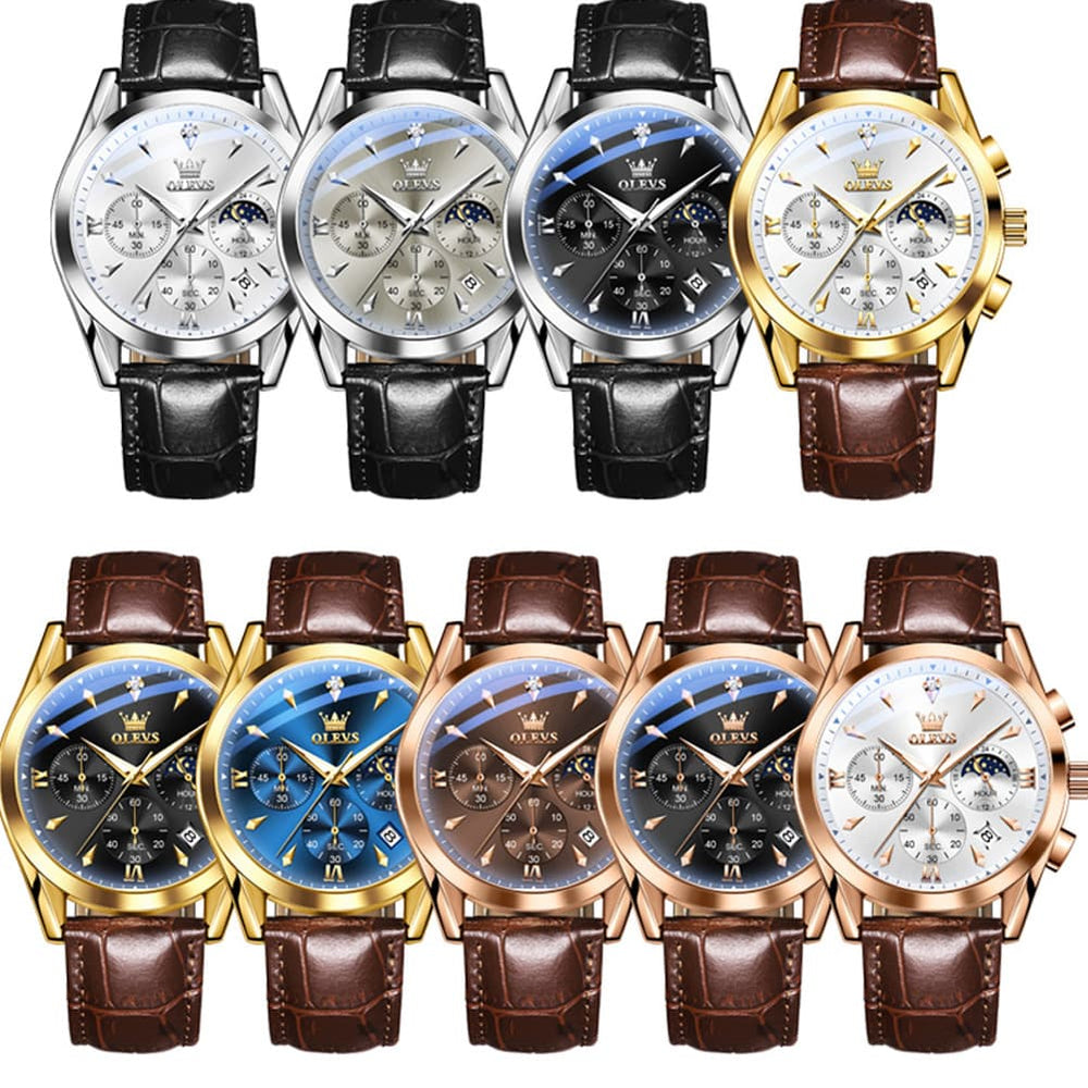 OLEVS 3609 Multifunction Leather Quartz Watch for Men - Rose White Watch | Olevs Watch Store