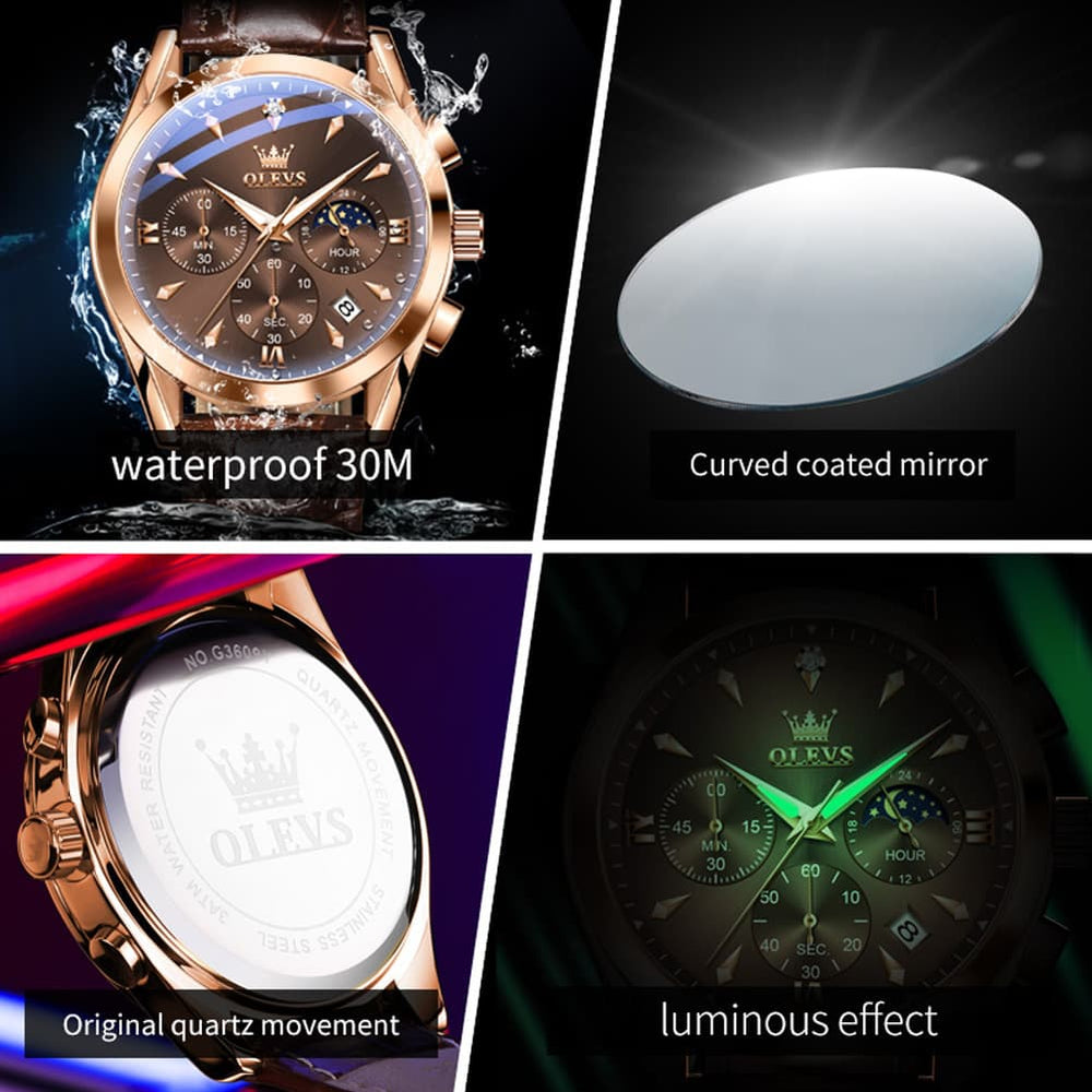 OLEVS 3609 Multifunction Leather Quartz Watch for Men - Rose White Watch | Olevs Watch Store